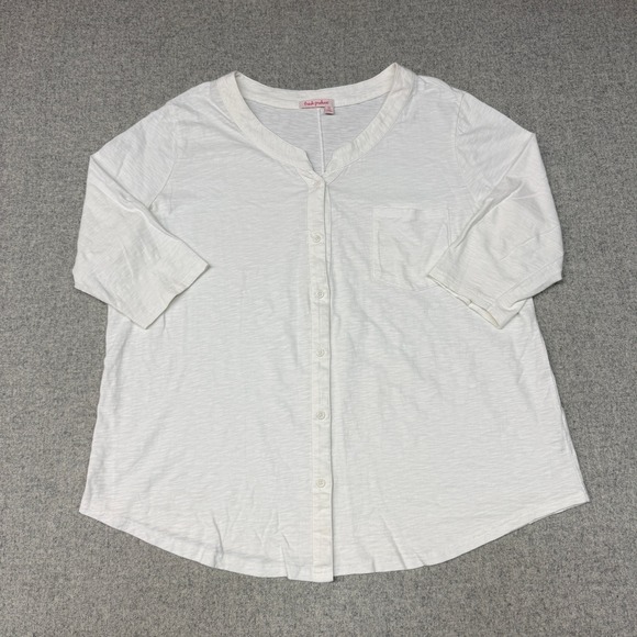fresh produce Tops - Fresh Produce | Button Up Shirt | 1X | White | Cotton Slub 3/4 Sleeve Pocket Top